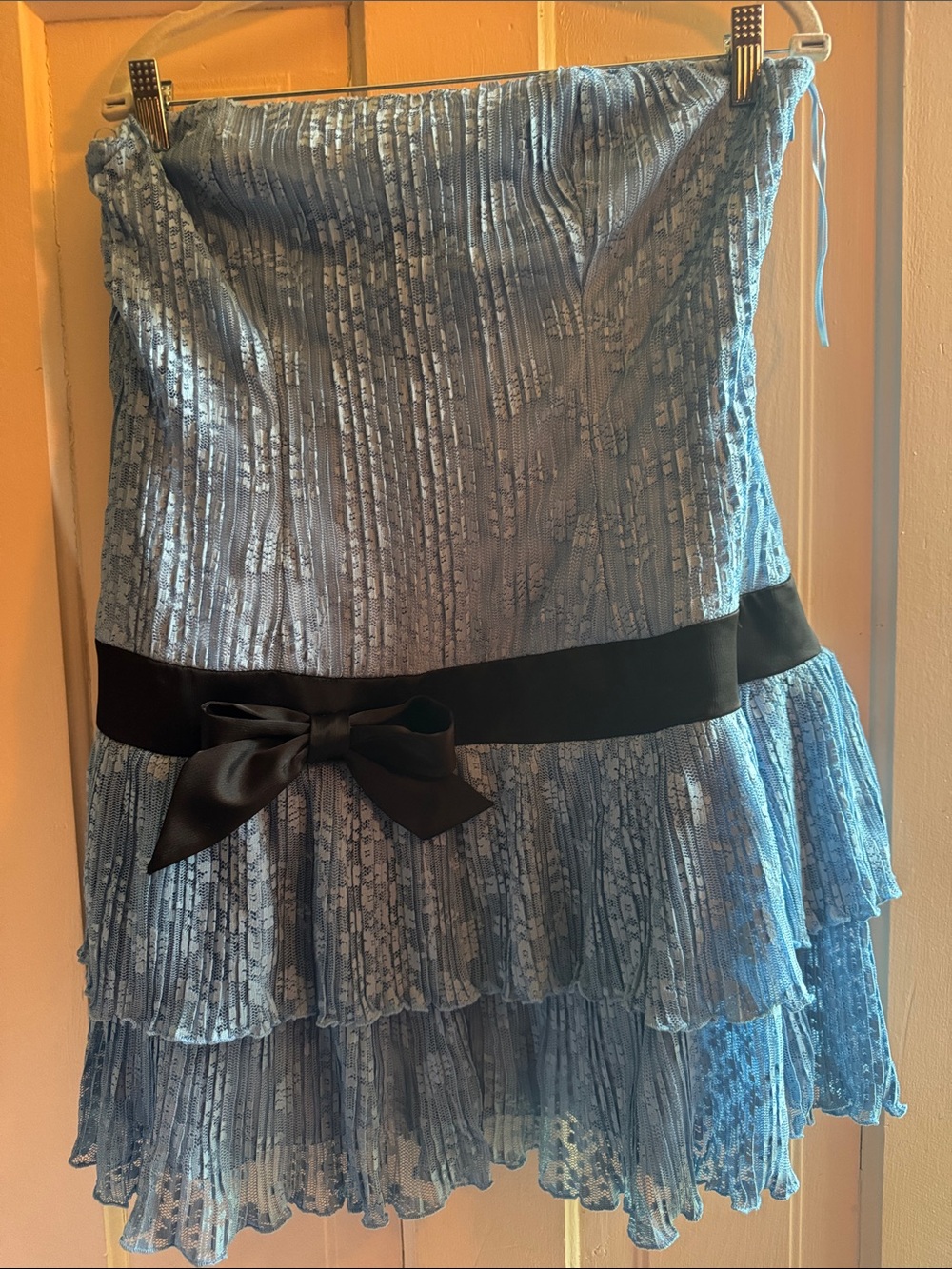 Kimchi Blue Light Blue Lace Strapless Dress with Black Ribbon